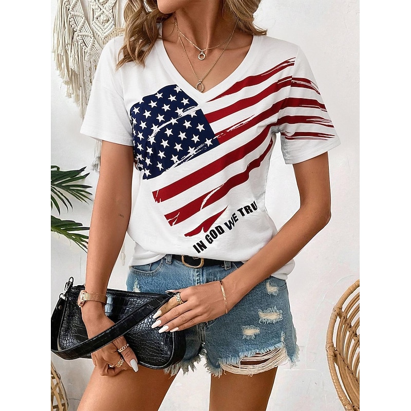 Women's Patriotic  T Shirt Casual American Flag Red White And Blue Short Sleeve Regular Tops V Neck Daily White Summer2