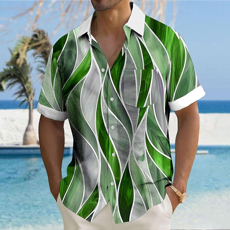 Men's Geometric Textured Button Up Shirt Printed Shirts Short Sleeve Hawaiian Resort Outdoor Vacation Summer Turndown Print Button-Down Red Blue Mint Green Green4