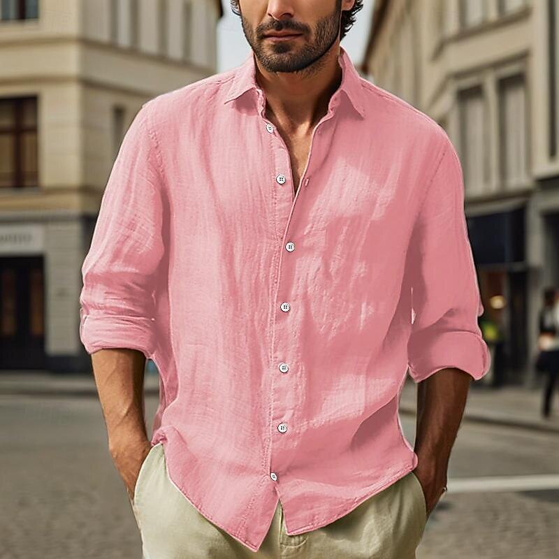 Men's Cotton Linen Shirt Plain Vacation Black White Pink Sky Blue Long Sleeve Turndown Clothing Apparel