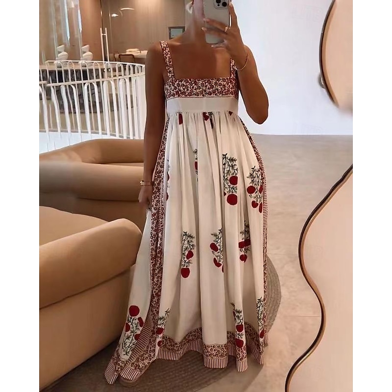 Women's Casual Dress Floral Leaf Print Square Neck Long Dress Maxi Dress Casual Date Vacation Summer Spring