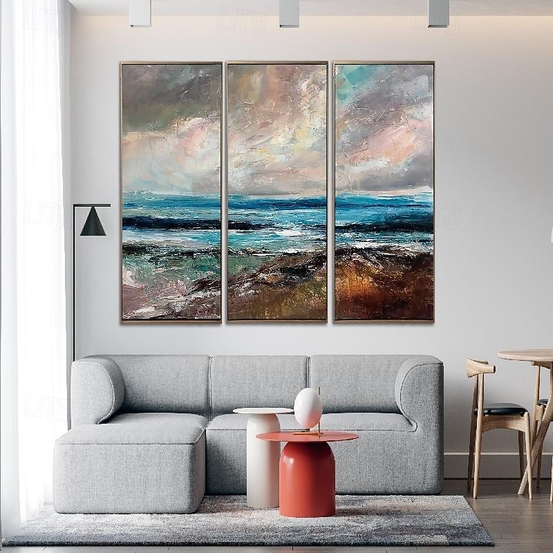 Hand painted Abstract Seascape Paintings On Canvas handmade texture Ocean sea Oil Painting Handmade Blue Art Triptych Paintings for Living Room Wall Decor