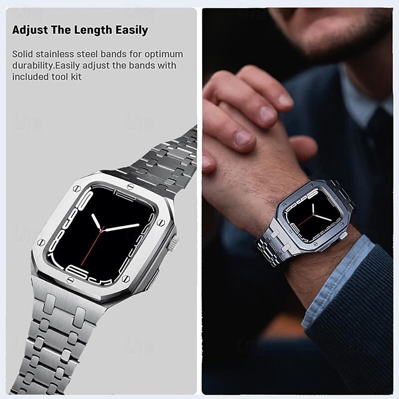 Link Bracelet Compatible with Apple Watch band 44mm 45mm with Case Luxury Butterfly Buckle Stainless Steel Strap Replacement Wristband for iwatch Series 8 7 6 5 4 SE3