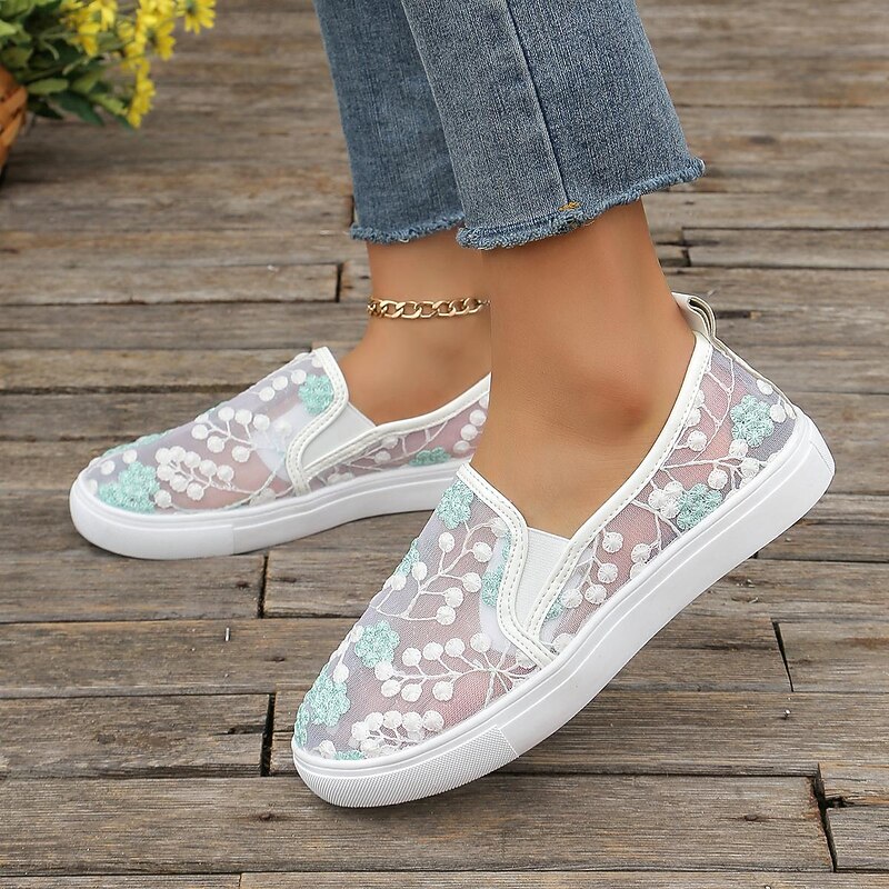 Women's White Lace Slip-On Sneakers – Breathable Mesh Casual Shoes with Floral Embroidery for Summer & Everyday Wear