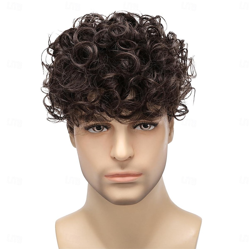 Mens Curly Wigs Dack Brown Short Wig,Synthetic Heat Resistant Costume Wig Mens Daily Cosplay Party Halloween2