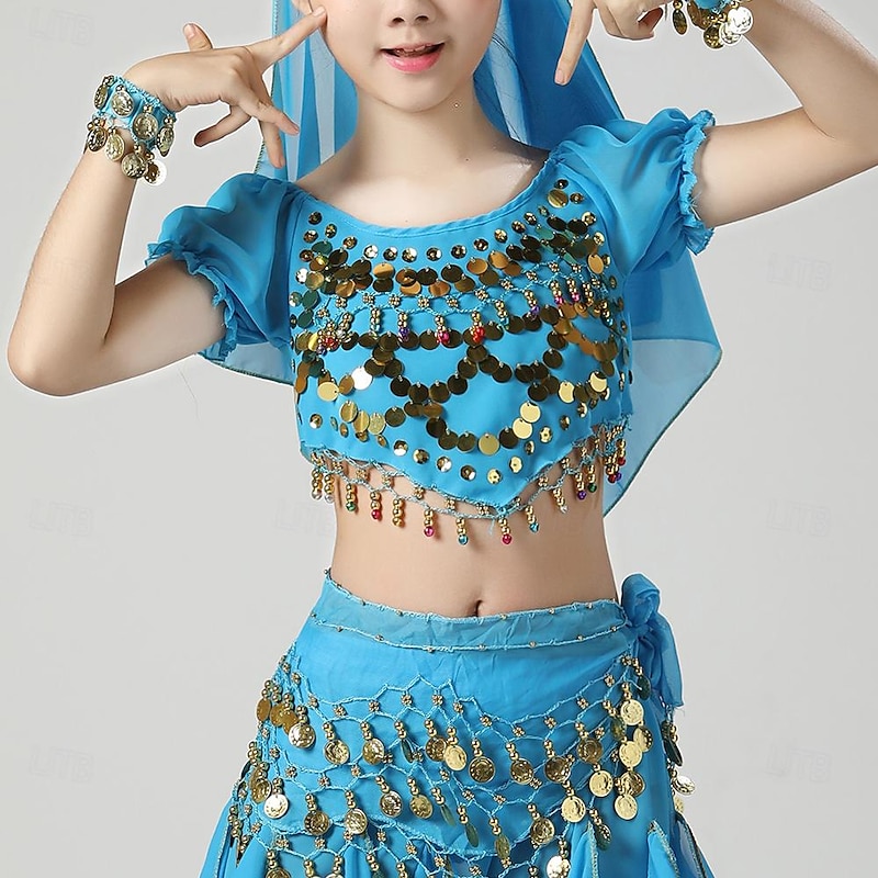 Belly Dance Kids' Dancewear Top Pure Color Splicing Paillette Girls' Performance Training Short Sleeve High Polyester3