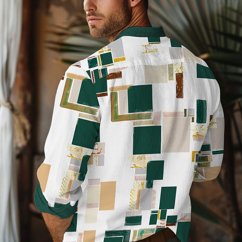 Men's Button Up Shirt Long Sleeve Artistic Casual Daily Summer Fold-over Collar Green2