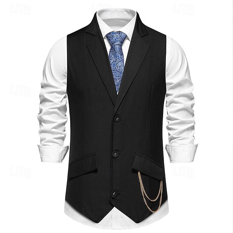 Men's Vest Gilet Daily Wear Vacation Going out Vintage Fashion Spring &  Fall Button Polyester Comfortable Plain Single Breasted Lapel Regular Fit Black Burgundy Dark Navy Vest4