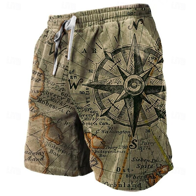 Men's Nautical Graphic Prints Compass Sweat Shorts Beach Shorts Terry Shorts Mid Waist Retro Vintage Casual Daily Holiday Streetwear Drawstring Elastic Waist 3D Print Designer Clothing Apparel2