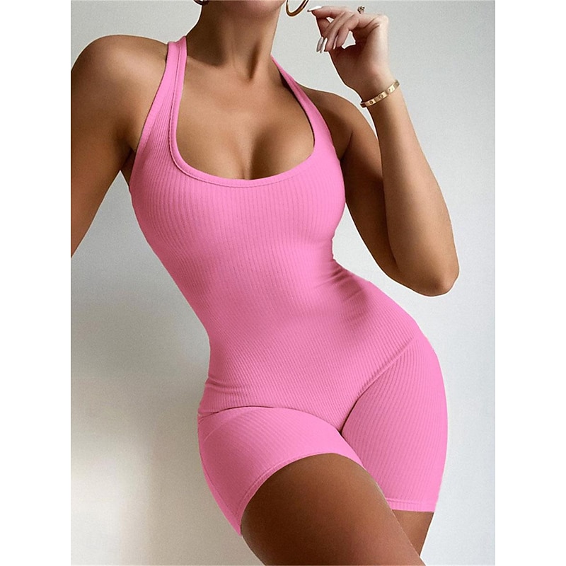Women's Normal Romper Sexy Solid Color Sleeveless U Neck High Waist Sport Club Regular Fit Black Blue Fuchsia Summer