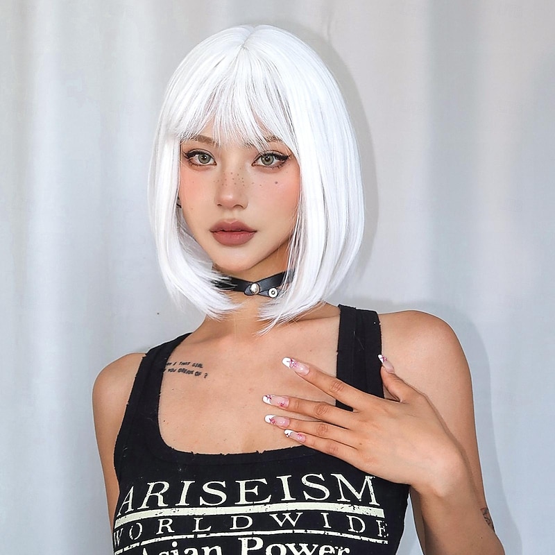 Synthetic Wig Uniforms Career Costumes Princess Straight kinky Straight Middle Part Layered Haircut Machine Made Wig 12 inch White Synthetic Hair Women's Cosplay Party Fashion White2