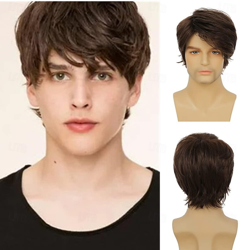 Synthetic Wig Straight Loose Wave Asymmetrical Wig Short Brown Synthetic Hair Men's Fashionable Design Soft Natural Brown