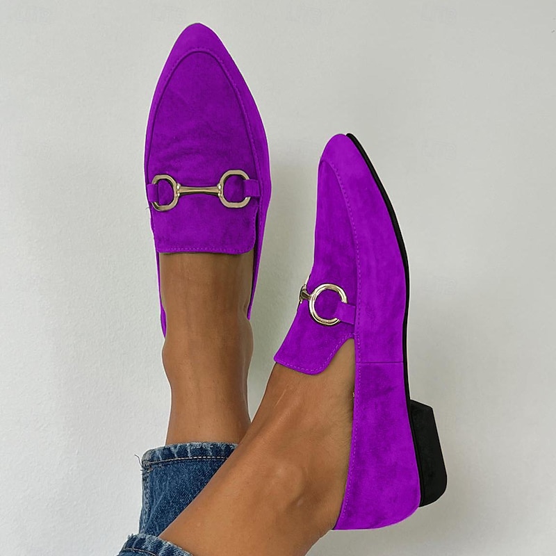 Women's Vibrant Yellow and Purple Faux Suede Loafers - Pointed Toe Slip-On Flats with Metallic Buckle Detailing for Chic Casual Style3