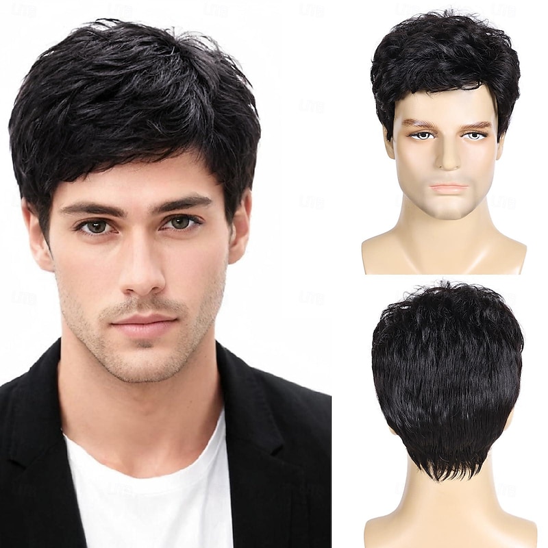Mens Wigs Short Black Wigs for Men Natural Curly Layered Synthetic Full Hair Replacement Wig for Male Daily Wear Party Cospaly Costume Halloween
