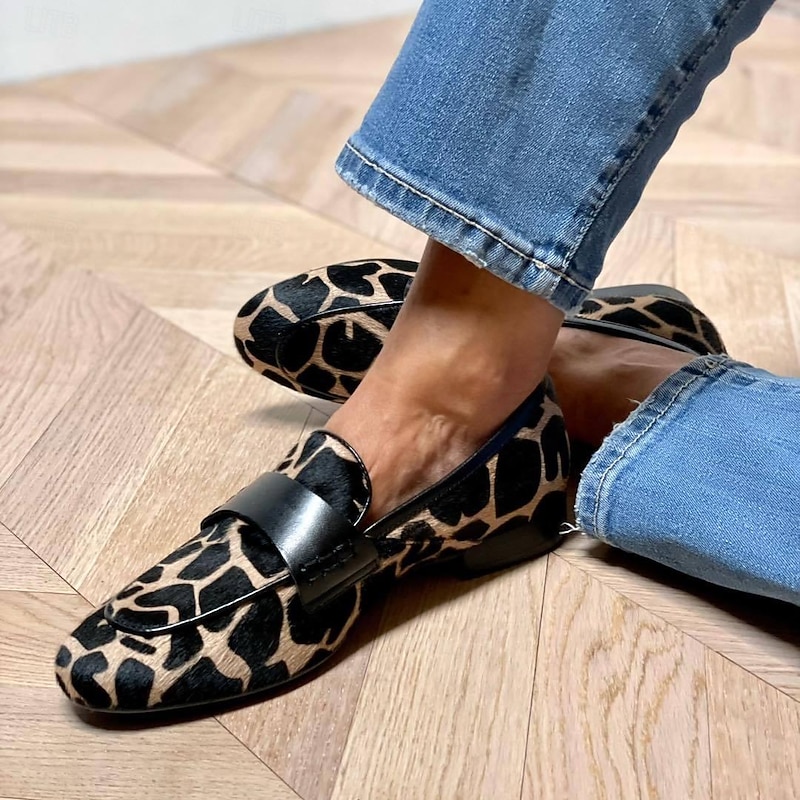 Women's Leopard Print Loafers – Stylish Animal Print Slip-On Flats with Black Faux Leather Accent for Casual and Chic Occasions2