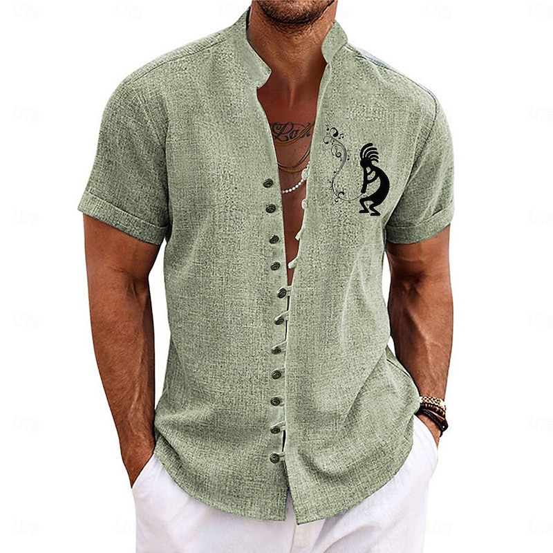 Men's Shirt Summer Hawaiian Shirt Aloha Shirt Short Sleeve Shirt Stand Collar Casual Tribal Holiday Blue Green S M L