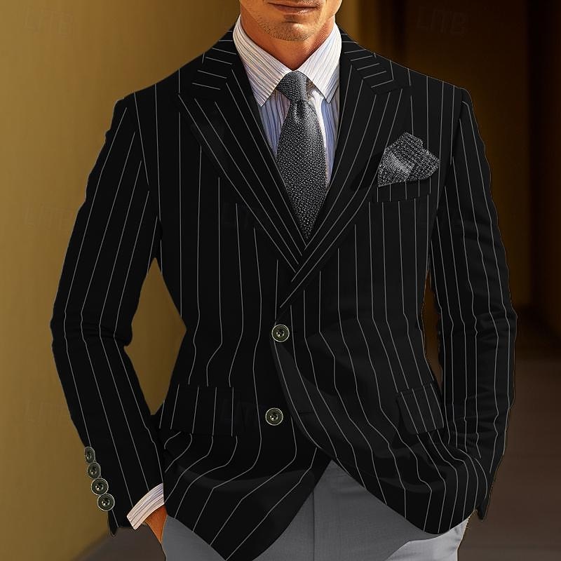Men's Graduation Blazer Business Cocktail Party Wedding Party Fashion Casual Spring &  Fall Polyester Stripes Pocket Buttons Comfortable Single Breasted Blazer Black White Yellow Blue3