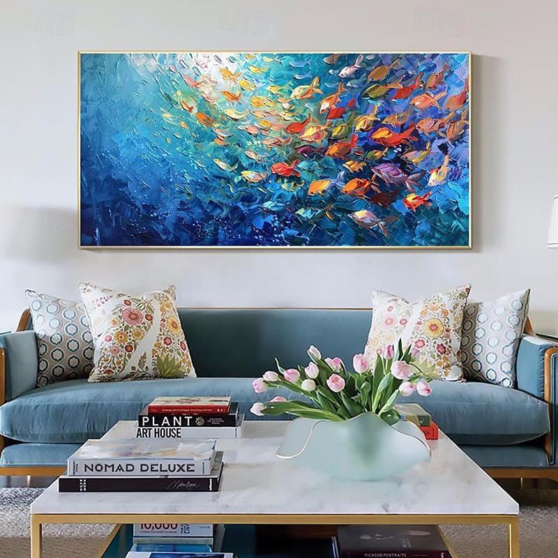 Handmade Original Swimming Fishes Blue Ocean Oil Painting On Canvas Extra Large Wall Art Abstract Fish Art Custom Painting Minimalist Living Room Decor Gift No Frame2
