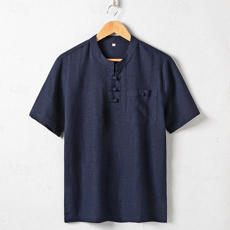 Men's Button T Shirt Linen Shirt T Shirt Henley Shirt Short Sleeve Henley Spring & Summer Plain Fashion Designer Basic Front Pocket Vacation Street Going out Navy Blue Light Grey Army Green Top Tee2