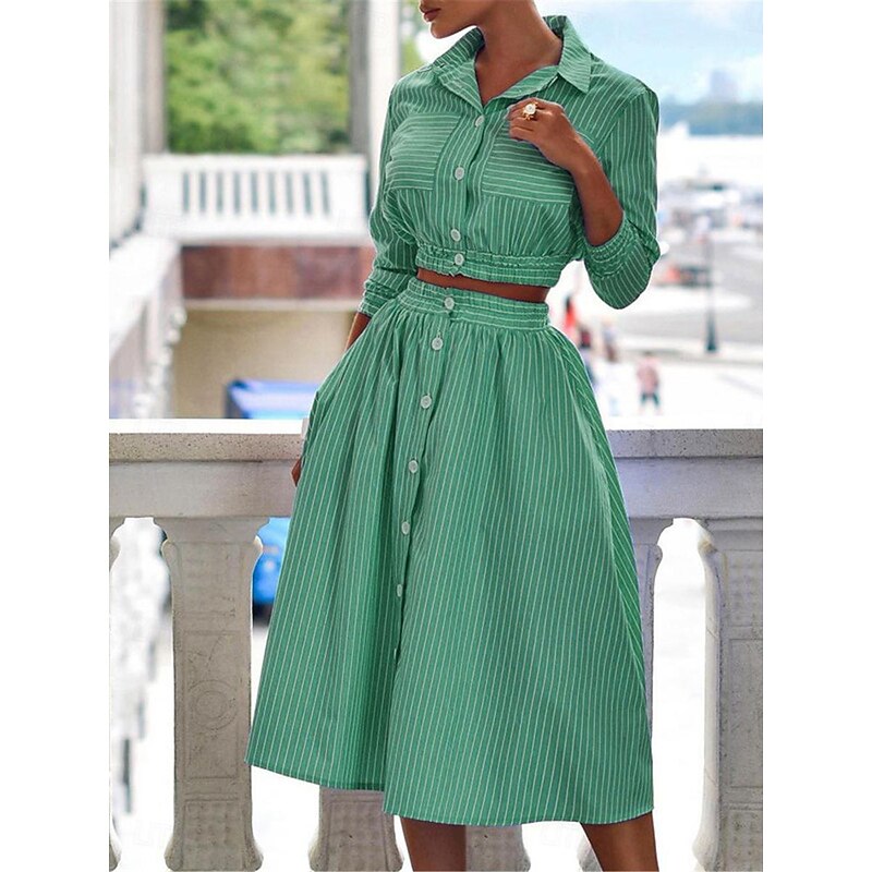 Women's Dress Set Shirt Dress Classic Modern Stripe Buttons Long Dress Maxi Dress 3/4 Length Sleeve Shirt Collar Office Daily Black Blue Green Summer Regular Fit2