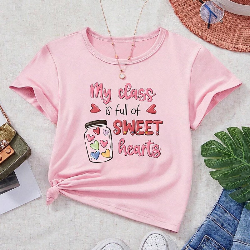 Toddler Girls' T shirt Cartoon School Print Short Sleeve Crewneck Fashion 7-13 Years Summer Pink