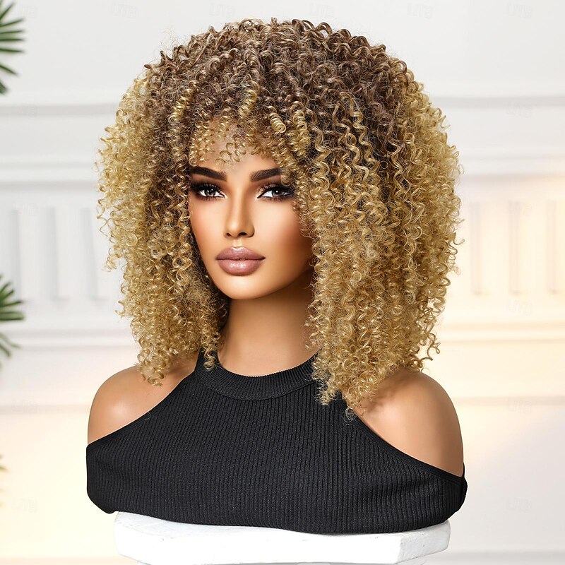 Synthetic Wig Uniforms Career Costumes Princess Curly Tight Curl Middle Part Layered Haircut Machine Made Wig 14 inch Light Brown Synthetic Hair Women's Cosplay Party Fashion Light Brown4
