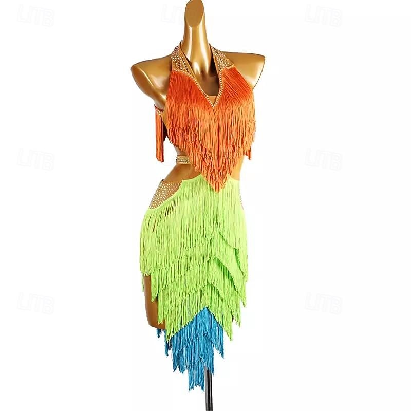 Latin Dance Dress Tassel Splicing Crystals / Rhinestones Women's Performance Training Sleeveless Chinlon Spandex3