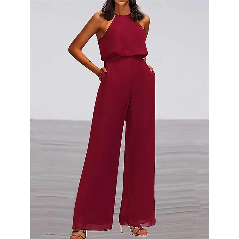 Women's Normal Jumpsuit Elegant Solid Color Sleeveless Crew Neck Pocket High Waist Office Business Regular Fit Wine Summer
