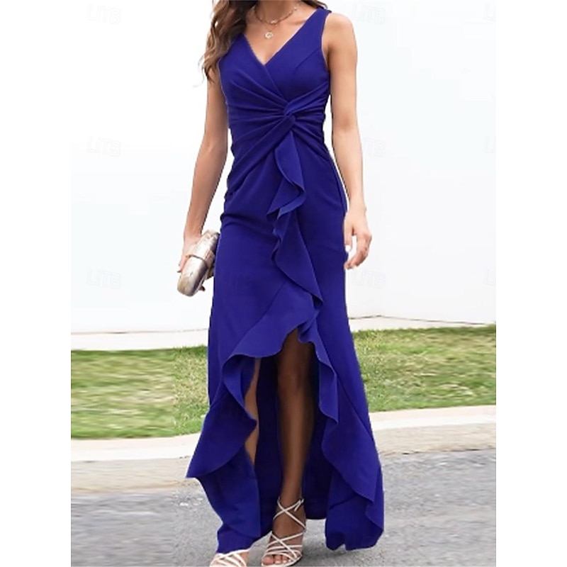 Women's Bodycon Maxi Dress Ruffle Split Cocktail Party Elegant Formal V Neck Sleeveless Black Wine Navy Blue Color