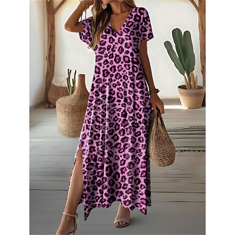 Women's Casual Dress Leopard Print Split Thigh V Neck Long Dress Maxi Dress Stylish Casual Daily Date Short Sleeve Summer2