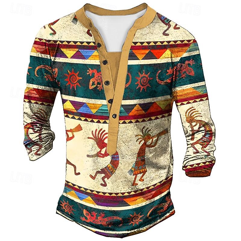 Men's Tribal Graphic Prints Henley Shirt Graphic Tee Vintage Shirt Long Sleeve 3D Printing Basic Ethnic Casual Outdoor Vacation Daily Spring & Summer Blue Khaki Gray Henley Henley T-Shirt