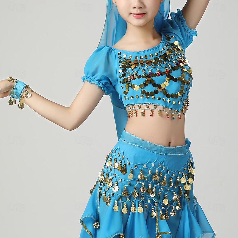 Belly Dance Kids' Dancewear Top Pure Color Splicing Paillette Girls' Performance Training Short Sleeve High Polyester4