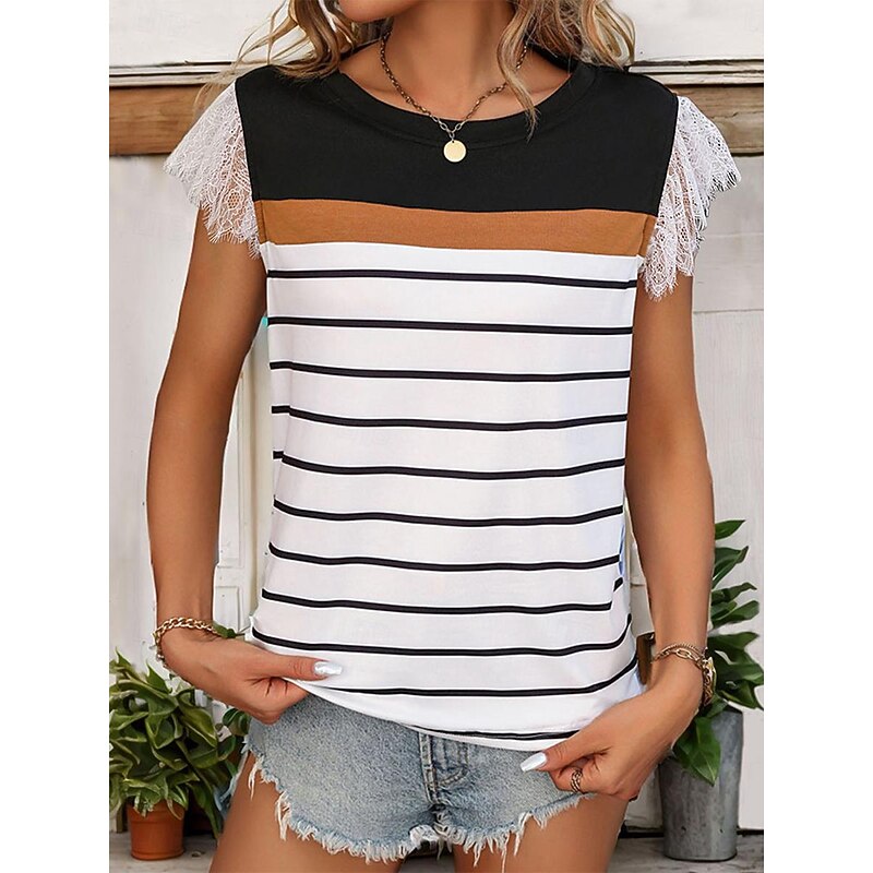 Women's T Shirt Striped Casual Short Sleeve Crew Neck Regular Tops Daily Lace Brown Summer3