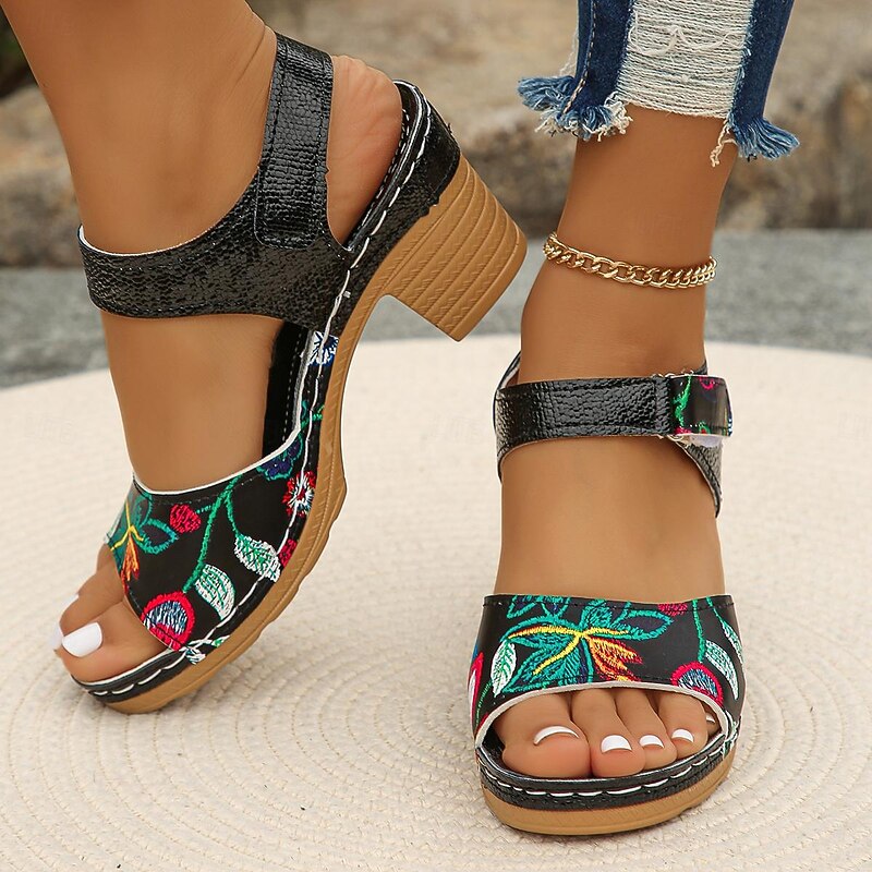 Women's Boho Floral Embroidered Chunky Heel Sandals – Colorful Peep Toe Summer Shoes for Casual Outings, Festivals, and Vacation Style2