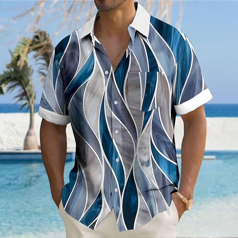 Men's Geometric Textured Button Up Shirt Printed Shirts Short Sleeve Hawaiian Resort Outdoor Vacation Summer Turndown Print Button-Down Red Blue Mint Green Green