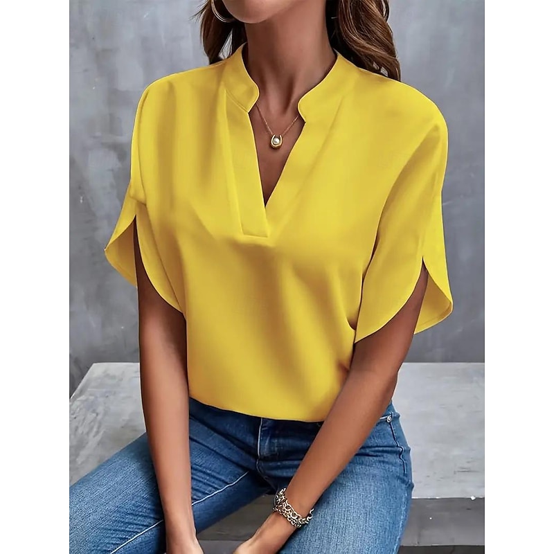 Blouse Dressy Tops Women's Black White Yellow Solid / Plain Color Sexy Daily Elegant V Neck Regular Fit S
