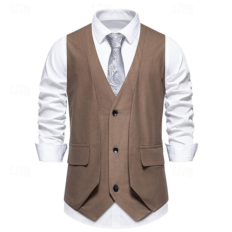 Men's Vest Gilet Daily Wear Vacation Going out Vintage Fashion Spring &  Fall Button Polyester Comfortable Plain Single Breasted V Neck Regular Fit Black Khaki Coffee Vest4