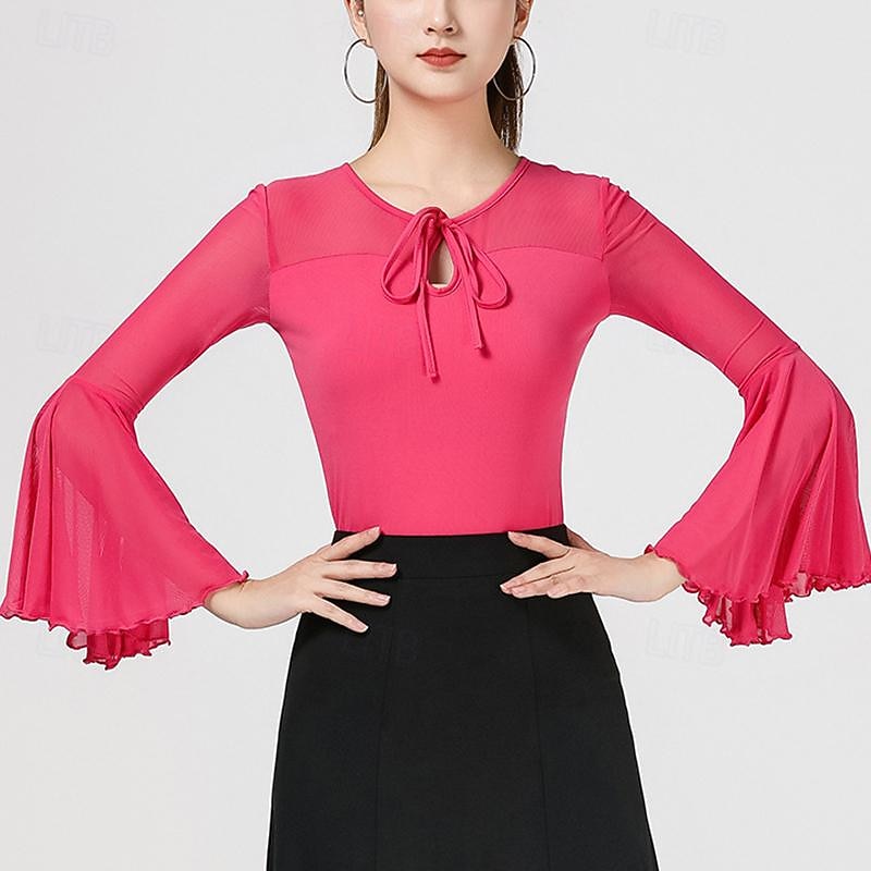 Latin Dance Top Pure Color Splicing Tulle Women's Performance Training Sleeveless High Polyester2