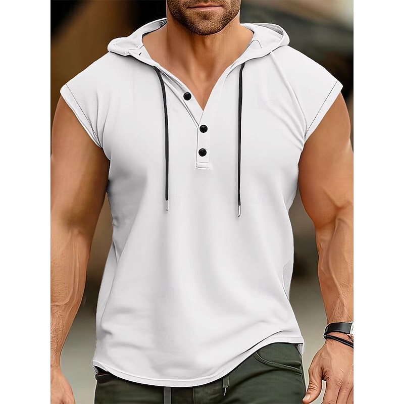 Men's Vest Top Tee Top Short Sleeves Hooded Summer Plain Pit Strip Fashion Designer Basic Buttons Vacation Street Going out Dark Grey Black White Top Tee for Men