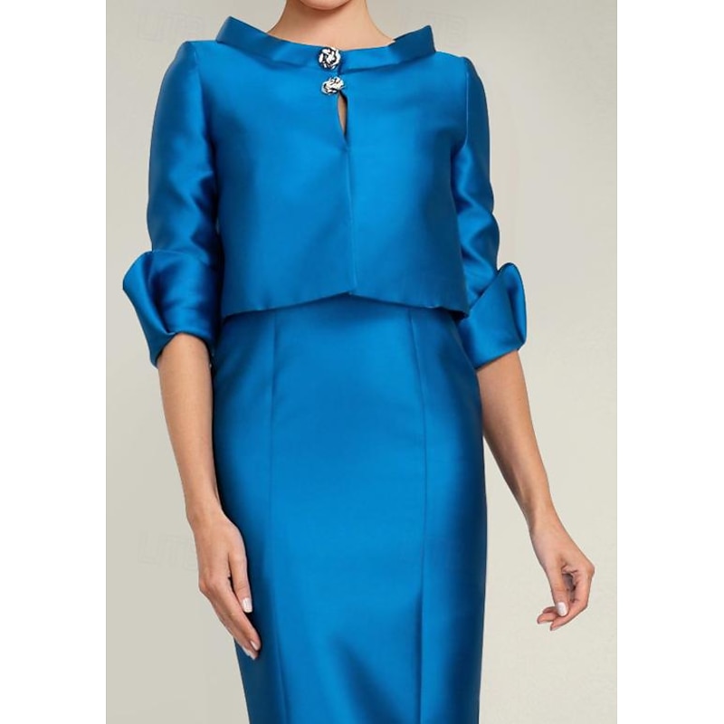 Two Piece Mermaid Mother of the Bride Dress Formal Wedding Guest Elegant Jewel Neck Tea Length Satin Half Sleeve with Buttons Race Day Dress3