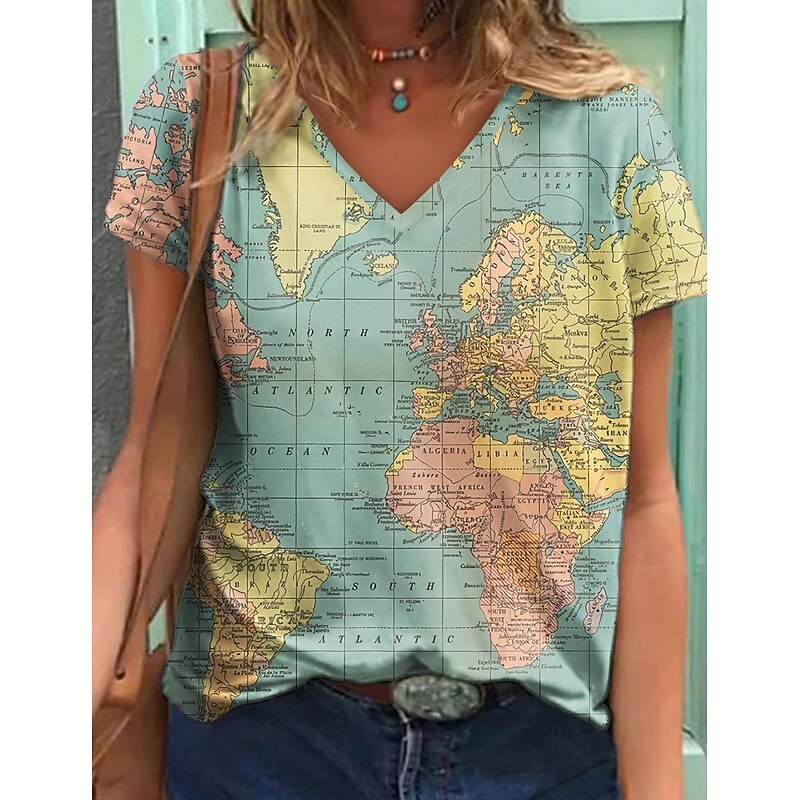 Women's T Shirt Blouse Basic Modern Print T-shirt Sleeve Short Sleeve Regular Tops V Neck Street Daily Blue Summer2