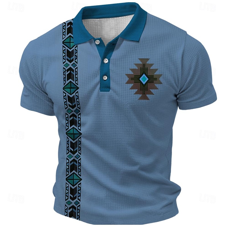 Men's Tribal Waffle Polo Shirts Golf Shirt Short Sleeve Polo Shirts Collared Shirts Vintage Casual Vacation Wear Party Outfits Buttons 3D Print Summer Spring Blue Green Khaki4