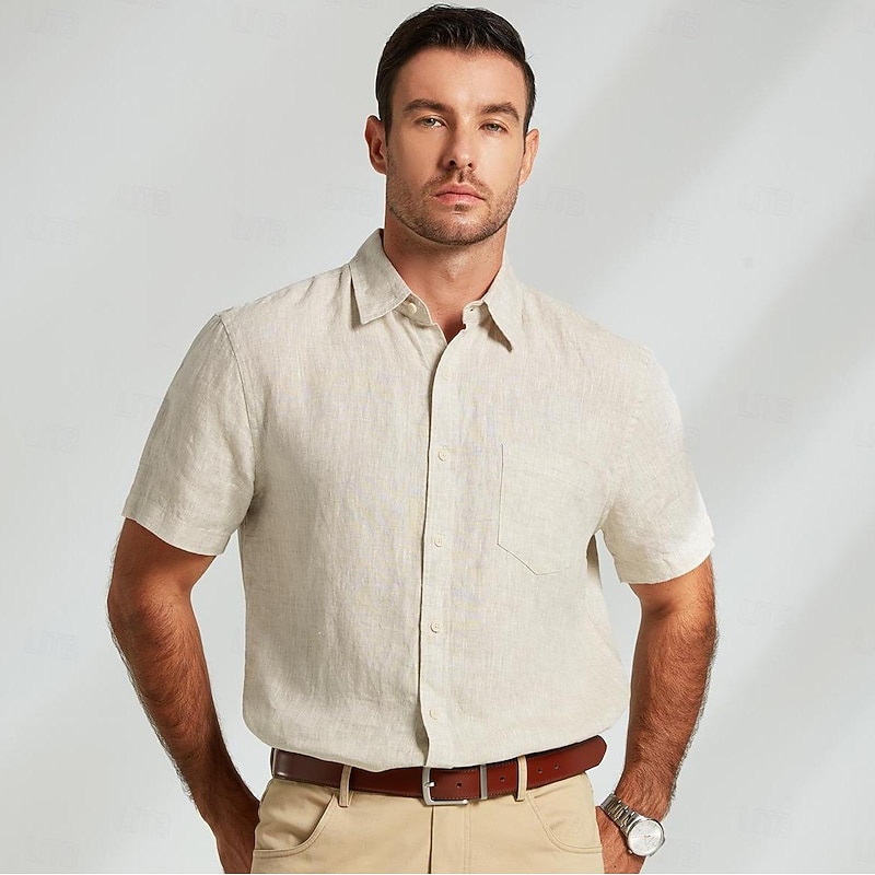Men's 100% Linen Shirt Casual Shirt khaki Short Sleeve Solid Color Turndown Outdoor Sports & Outdoor Button Clothing Apparel Vacation Neutral Daily Sports & Outdoors