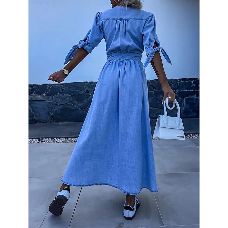 Women's Denim Dress Shirt Dress Maxi long Dress Office Vacation Denim Basic Modern V Neck Button Half Sleeve Summer Spring Regular Fit Plain4