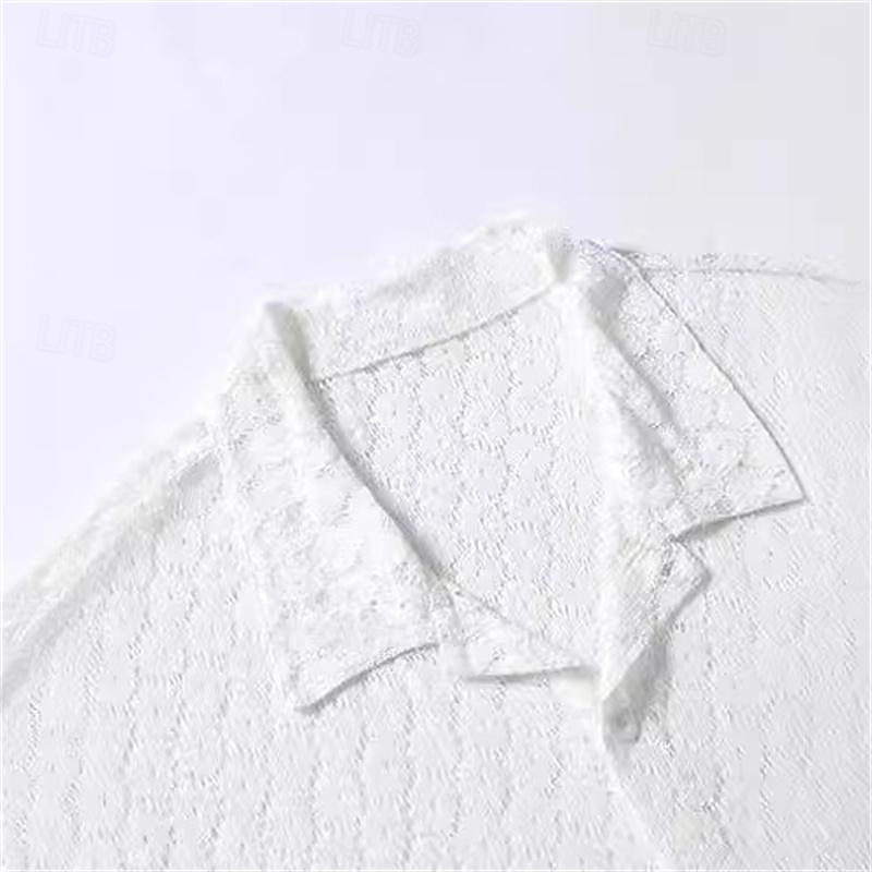 Men's Shirt Summer Shirt Mesh Shirt Sheer Shirt Sheer Blouse White Short Sleeve Plain Camp Collar Vacation Hawaiian Mesh Clothing Apparel Polyester Fashion Casual Comfortable4