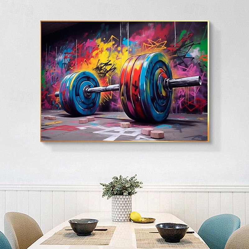 Hand Painted Gym Canvas Wall Art Barbell Graffiti Weightlifting Decor Sport Motivational  Fitness Wall Art Home Decor Large No Frame3