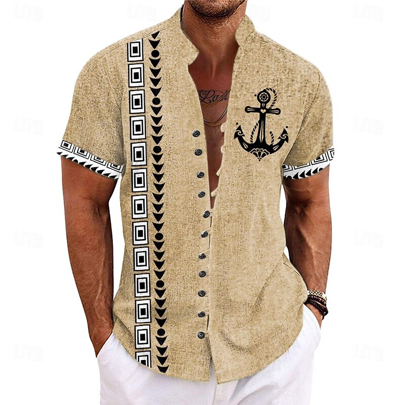 Men's Nautical Shirt Button Up Shirt Short Sleeve Casual Tribal Daily Hawaiian Summer Spring Grandad Collar Band Collar Buttons Print Yellow Green Khaki Beige4