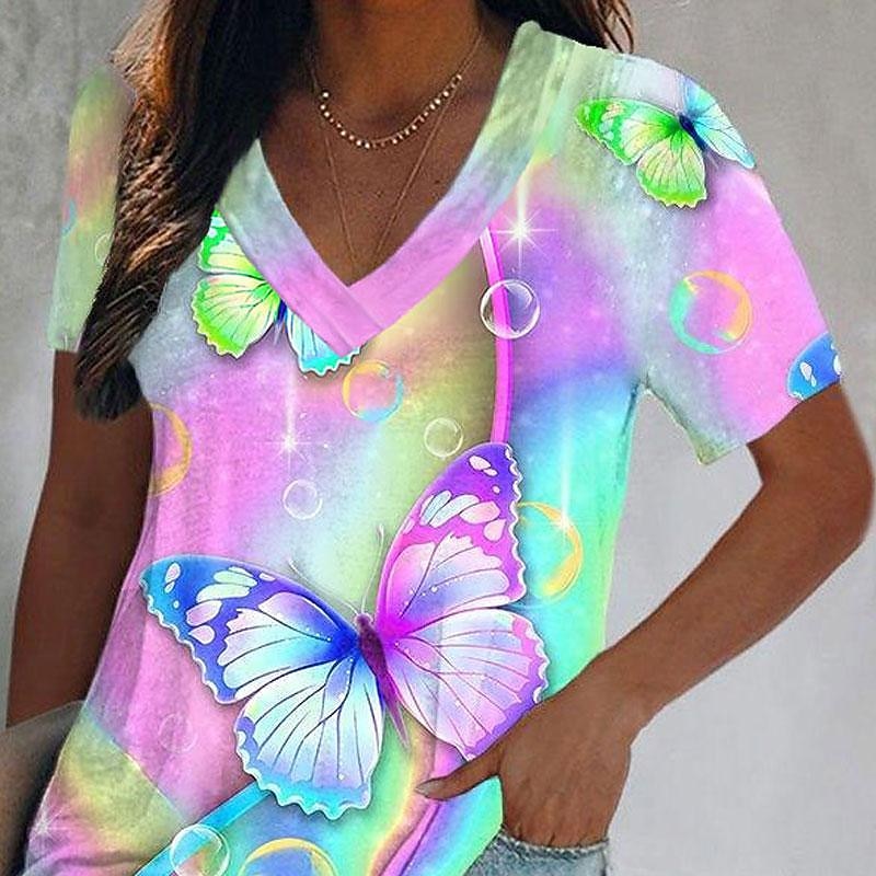 Women's T Shirt Graphic Butterfly Tie Dye Basic Neon & Bright Short Sleeve V Neck Regular Tops Holiday Weekend Print Yellow Pink Blue Green Light Blue2