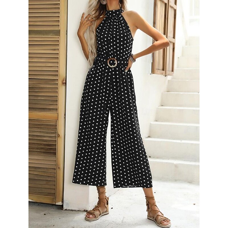 Women's Normal Jumpsuit Streetwear Polka Dot Sleeveless Halter Neck Pocket High Waist Street Daily Regular Fit Black Green Summer2