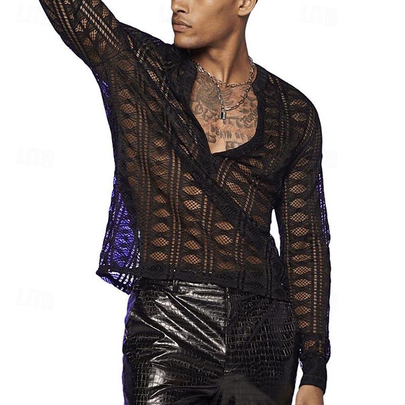 Men's T Shirt Tee Mesh Shirt Sheer Shirt Long Sleeve V Neck Summer Plain Fashion Designer Basic Lace Vacation Street Going out Black White Top Tee for Men4