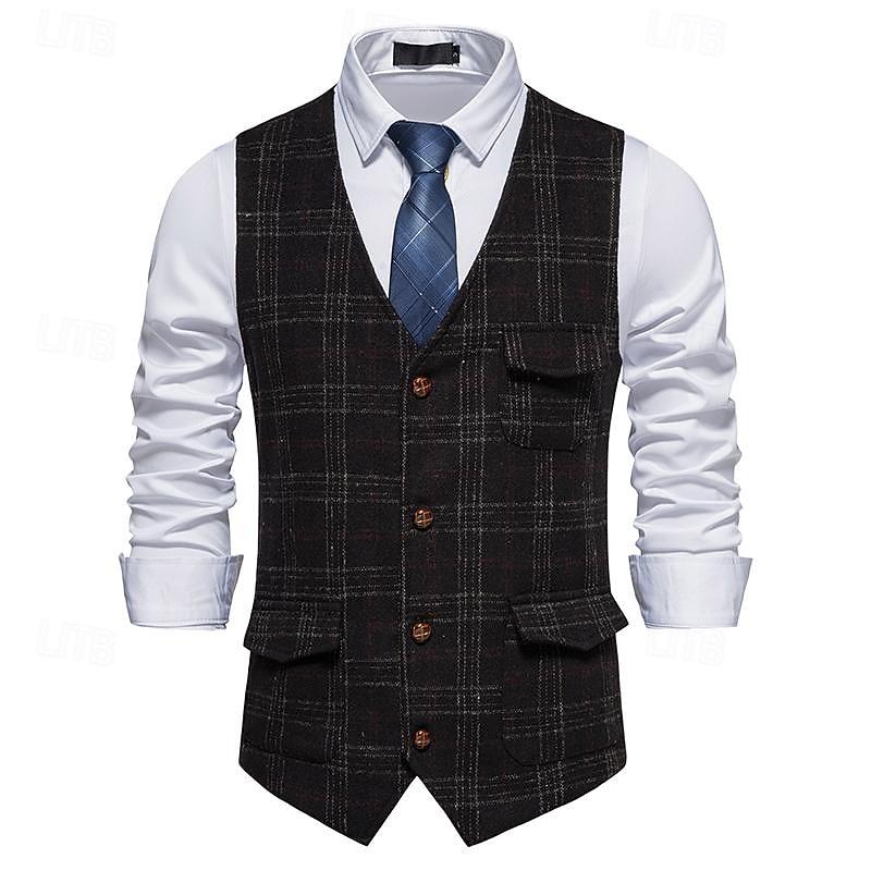 Men's Vest Gilet Business Casual Wedding Party Dress Comfortable Spring, Fall, Winter, Summer Polyester 95% Polyester 5% Spandex Plaid / Check Buttoned Front V Neck Regular Fit Black Khaki Gray Vest4